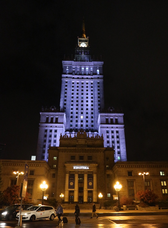 Palace of Culture and Science at night. 