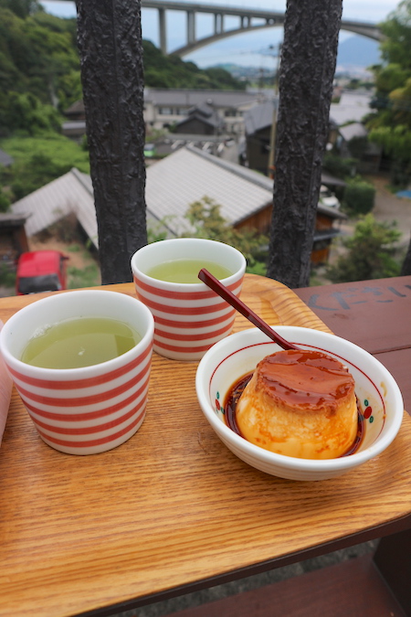 Onsen steamed creme caramel in Okamotoya restaurant. Beppu travel guide.