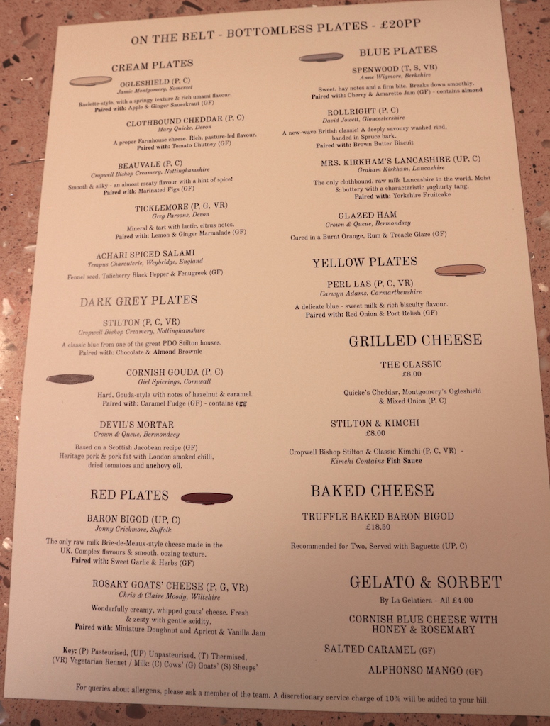 Menu at Pick and Cheese, Covent Garden London.