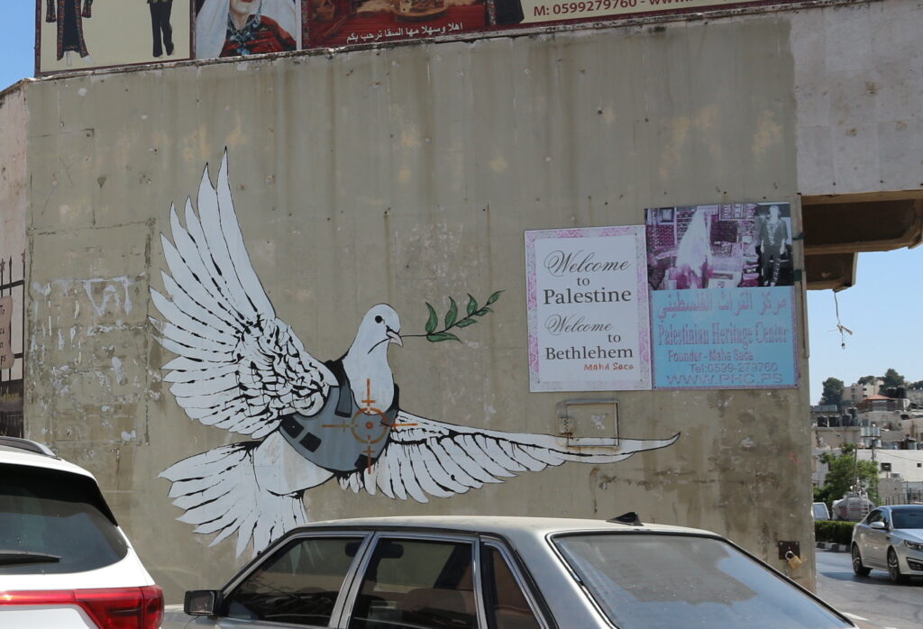 Armoured Dove, Banksy. Visit to The Walled Off Hotel, Bethlehem Palestine. 