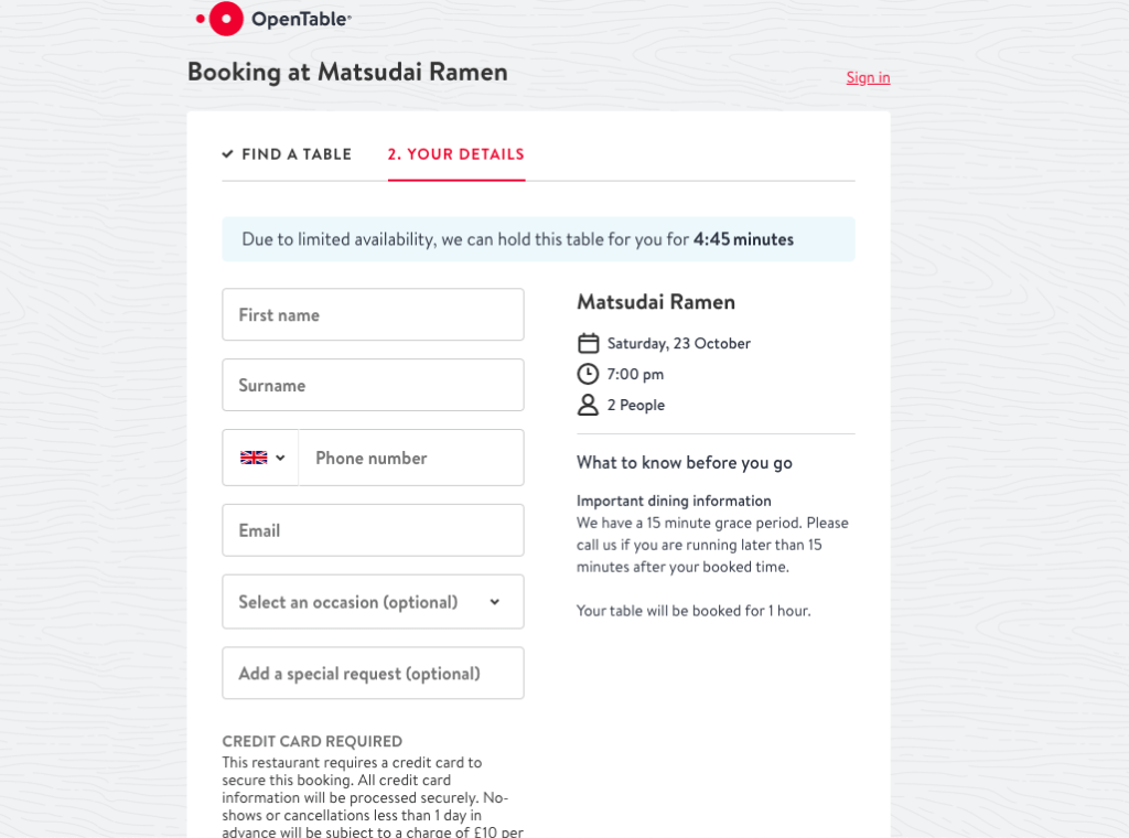Matsudai ramen booking with OpenTable